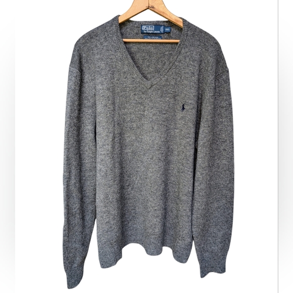 Polo Ralph Lauren 100% Lambs Wool V Neck Heather Gray Sweater Men's Size 2XL - Picture 1 of 7